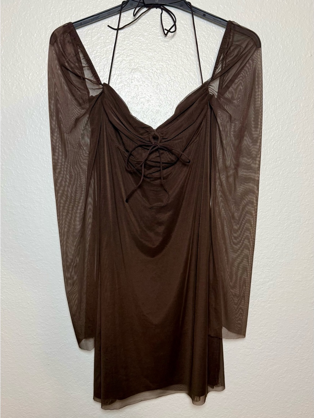 Brown Mesh Sheer Ruched Tie Mini Dress Sweetheart Neck Long Sleeve Size L
